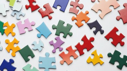 An array of different colored puzzle pieces scattered but fitting together perfectly, symbolizing the harmonious integration of diverse perspectives, minimalist composition