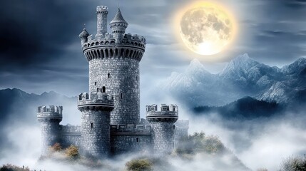 Fototapeta premium A mystical castle set against a full moon and mountainous backdrop, shrouded in fog.
