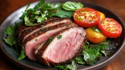 Fototapeta premium Deliciously Cooked Sliced Steak Served on a Plate with Fresh Greens and Roasted Tomatoes Garnished with Herbs for a Gourmet Dining Experience