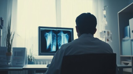 Focused doctor reviews his patients medical data and test results on a computer screen
