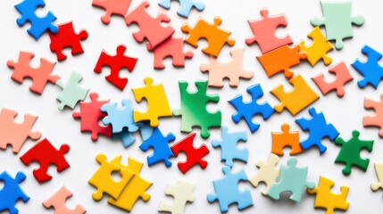 Naklejka premium An array of different colored puzzle pieces scattered but fitting together perfectly, symbolizing the harmonious integration of diverse perspectives, minimalist composition