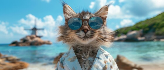 A cat wearing sunglasses and a shirt on the beach. AI.