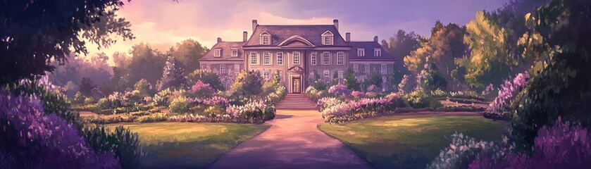 A picturesque mansion surrounded by a vibrant garden at sunset.