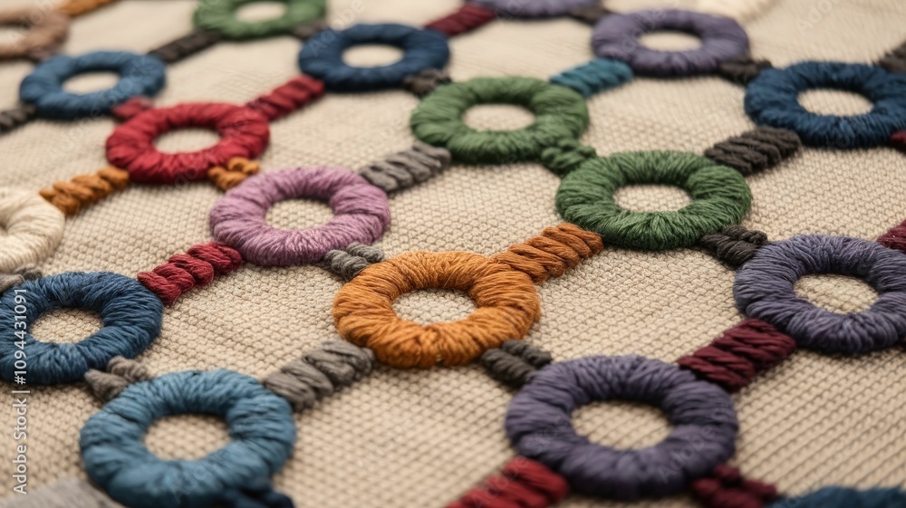 Poster a close-up view of colorful, circular embroidery patterns on textured fabric, showcasing intricate c