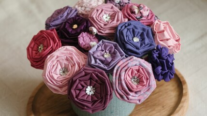 A beautiful bouquet made of fabric flowers in various shades of pink, purple, and lavender, featuring decorative embellishments, displayed in a rustic pot.