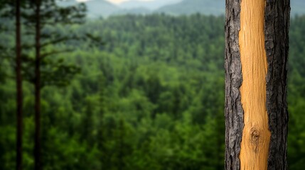 Obraz premium Captivating Contrast: The Beauty of Golden and Dark Tree Bark in a Scenic Green Forest Landscape. Woodwork, Carpentry, Natural Concept