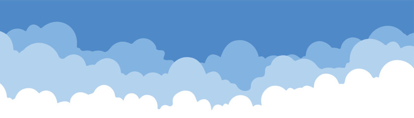 Clouds background, simple cartoon design. Flat style vector illustration. Blue sky and clouds design, beautiful image. Sunny day mood, airy atmosphere