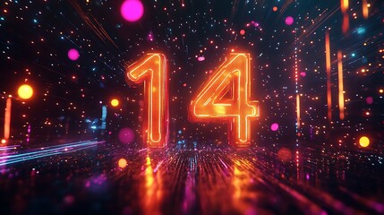 Holographic countdown numbers glowing in bright neon orange, surrounded by virtual fireworks in colorful bursts of light, digital design with smooth lines, festive and high-tech ambiance