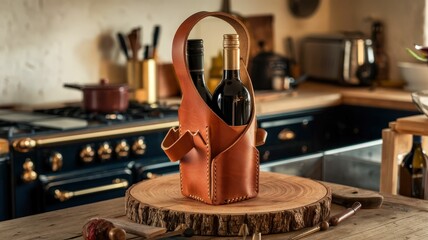 A stylish leather wine carrier holds two bottles, displayed on a wooden cutting board in a cozy kitchen setting, highlighting rustic charm.