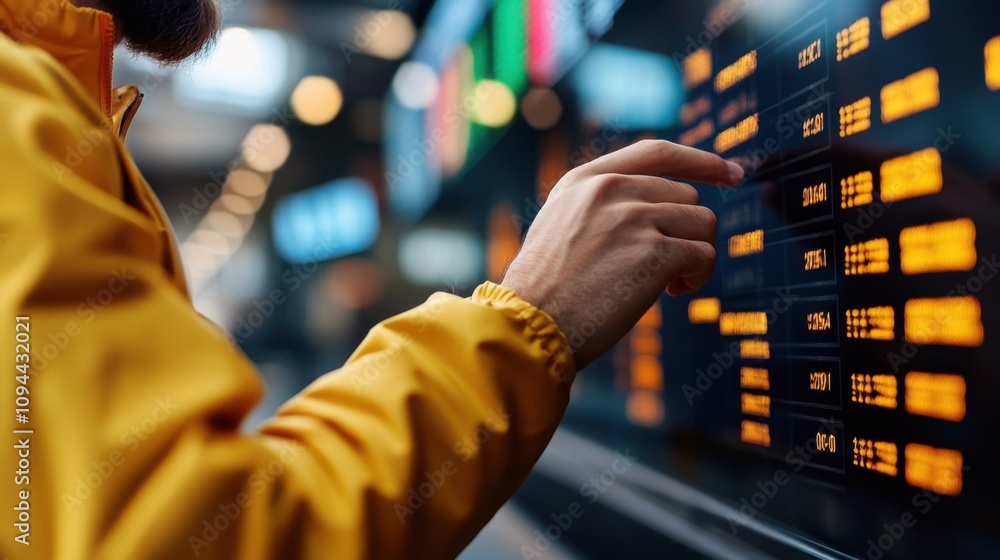 Poster person in a yellow jacket interacting with a digital display board showing train or flight informati