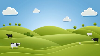 Obraz premium Picturesque Pastoral Landscape with Grazing Cows on Lush Green Hills Under Vibrant Sky with Clouds