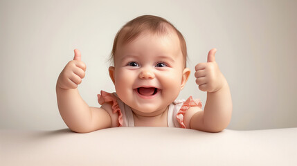 A cheerful baby with a radiant smile, giving two enthusiastic thumbs up