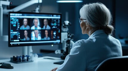 Female doctor conducting scientific video conference using computer talking to other doctors on screen