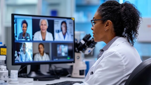 Female doctor conducting scientific video conference using computer talking to other doctors on screen