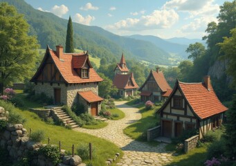 Quaint village nestled in mountains with charming architecture and serene landscape a