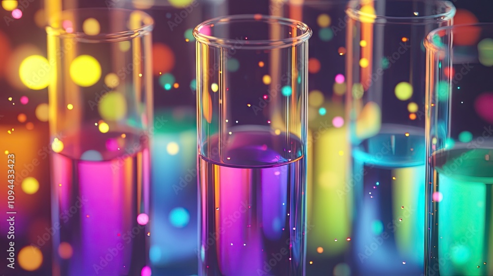 Poster colorful test tubes filled with vibrant liquids create a mesmerizing display of colors and light.