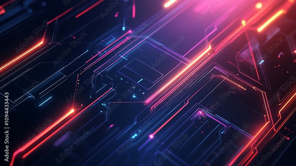 Poster abstract digital design featuring vibrant neon lines and geometric patterns.