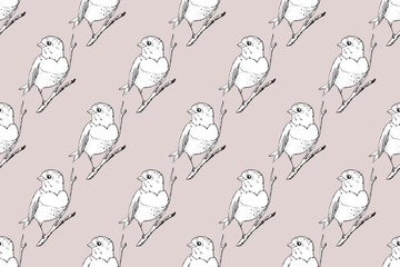 Seamless pattern with funny birds, flowers, leaves. Flat vector illustration with cartoon bird silhouette. Cute characters. Design for invitation, poster, card, textile, fabric.