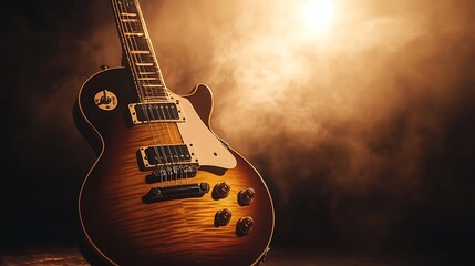 Naklejka premium A close-up of an electric guitar illuminated by dramatic lighting and smoke.