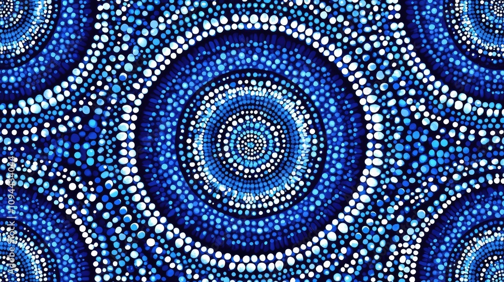 Poster a stunning circular abstract pattern in various shades of blue, showcasing an intricate dot design t