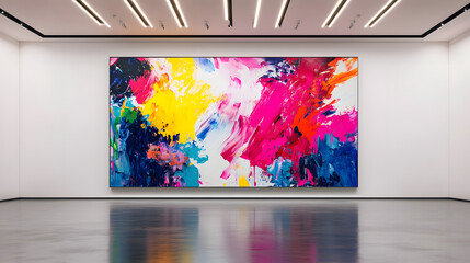 A bold abstract painting with vibrant splashes of color on a massive canvas in a minimalistic gallery.