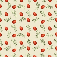 Red Easter Egg with Brunch Small on Yellow Background Seamless Pattern