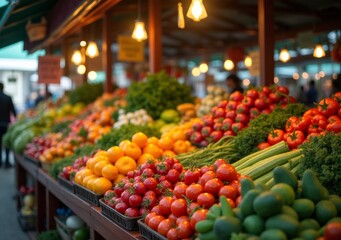 Colorful vegetable market display with fresh produce in vibrant arrangement during day
