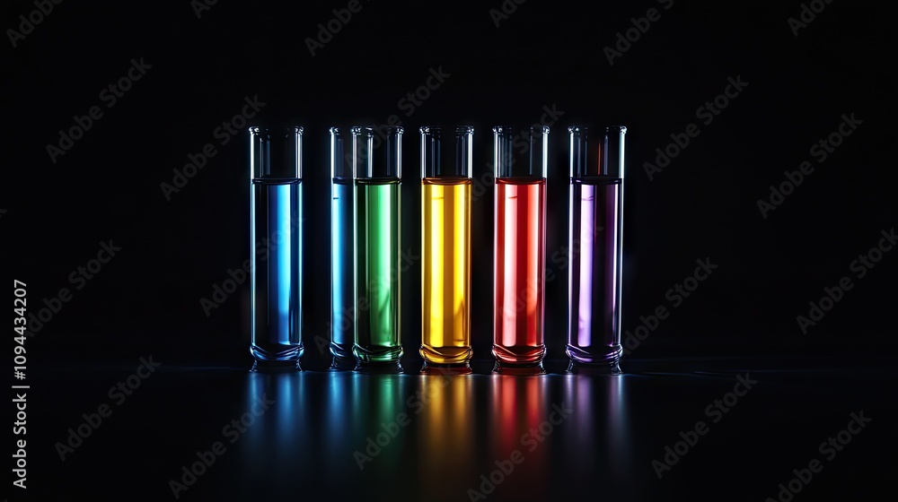 Poster a vibrant array of six test tubes filled with colorful liquids against a dark background.