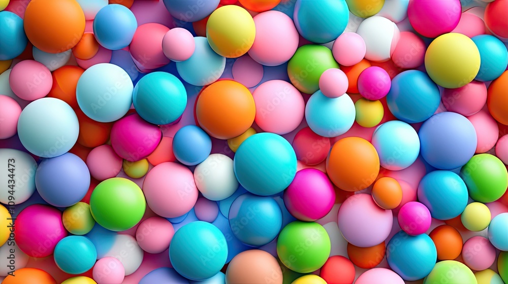 Poster a vibrant collection of multicolored spheres in varying sizes, creating a playful and cheerful atmos