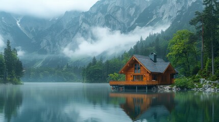 Fototapeta premium A Remote Cabin by Misty Mountains and Serene Lake.