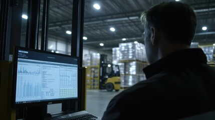 Warehouse worker uses a computer to manage a delivery system, displaying a spreadsheet on a monitor