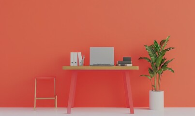 Minimalist workspace with a laptop, a lamp, and a plant on a pink desk