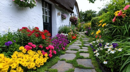 Obraz premium Charming Cottage Garden with Colorful Blooming Flowers and Stone Pathway