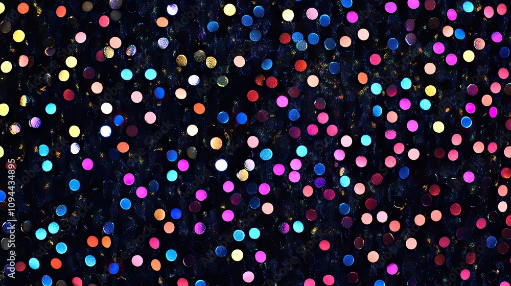 Poster a vibrant array of colorful dots on a dark background, creating a festive and lively atmosphere.