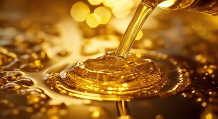 A close-up of golden oil being poured onto the table