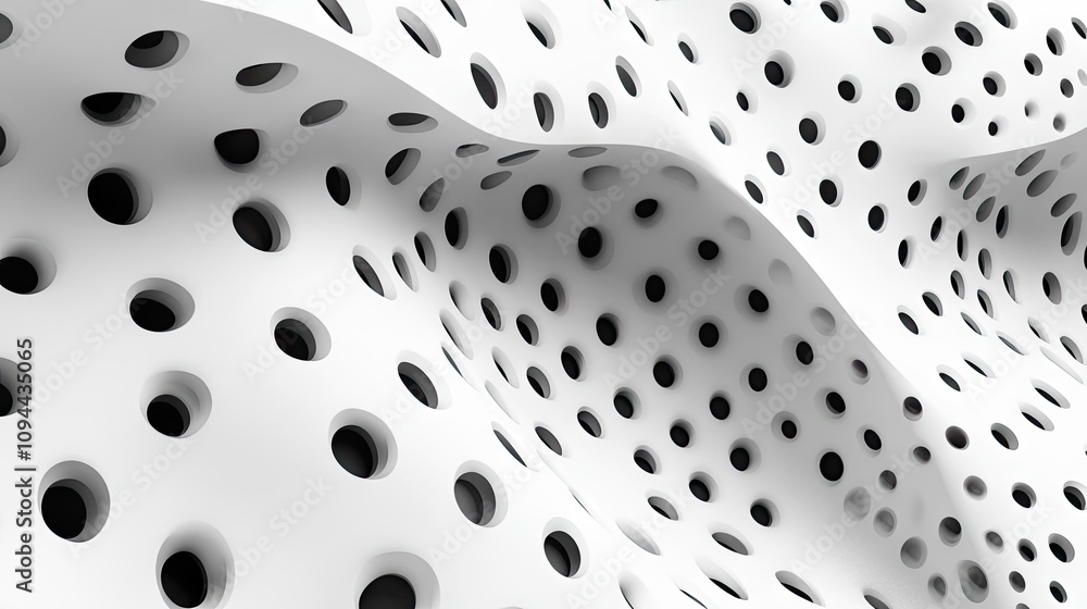 Poster an abstract monochrome design featuring white curves with contrasting black holes, creating a modern