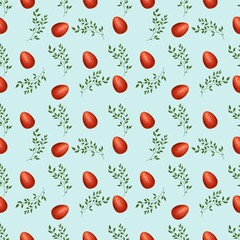 Red Easter Egg with Brunch Small on Blue Background Seamless Pattern
