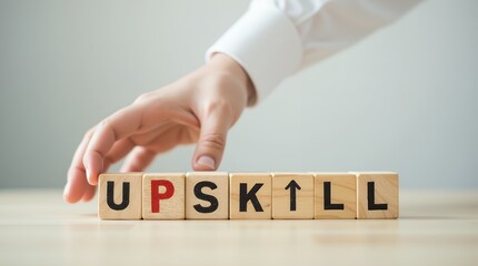 Conceptual Image of an Arrow Up Icon Made with Wooden Cubes Symbolizing Skills Development and Upskilling for Personal and Professional Growth