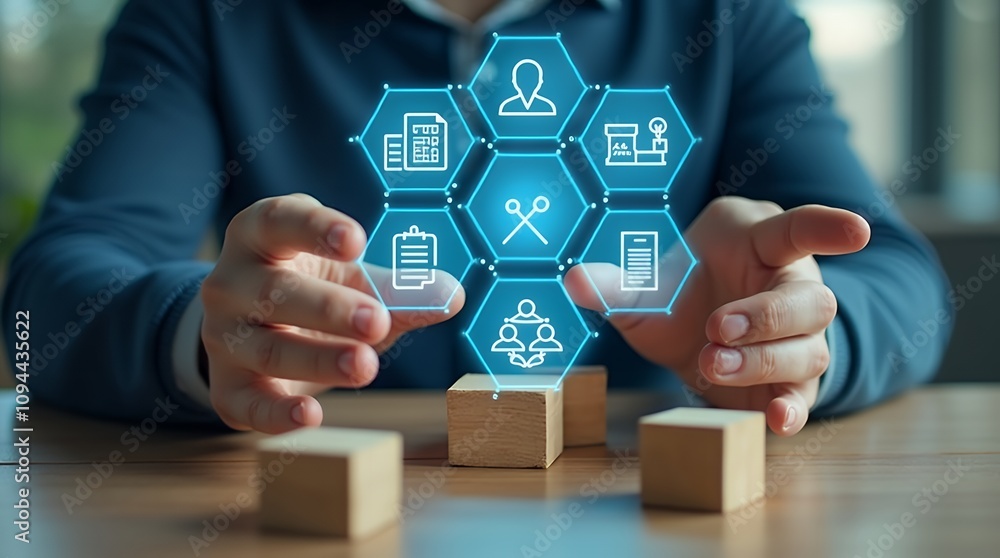 Aufkleber conceptual image of human hands holding wooden blocks with icons representing pre-approval quality a