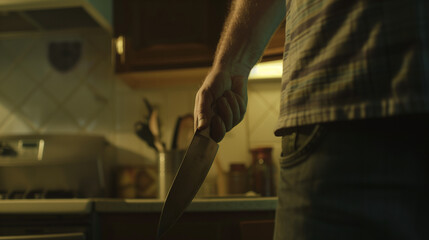 A man’s hand grips a weapon, a kitchen knife, in a dark, ominous setting, hinting at an impending attack or crime.
