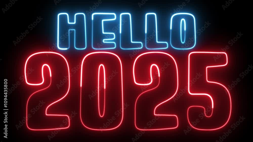 Poster hello 2025 neon sign. hello 2025 text font with light. luminous and shimmering haze inside the lette