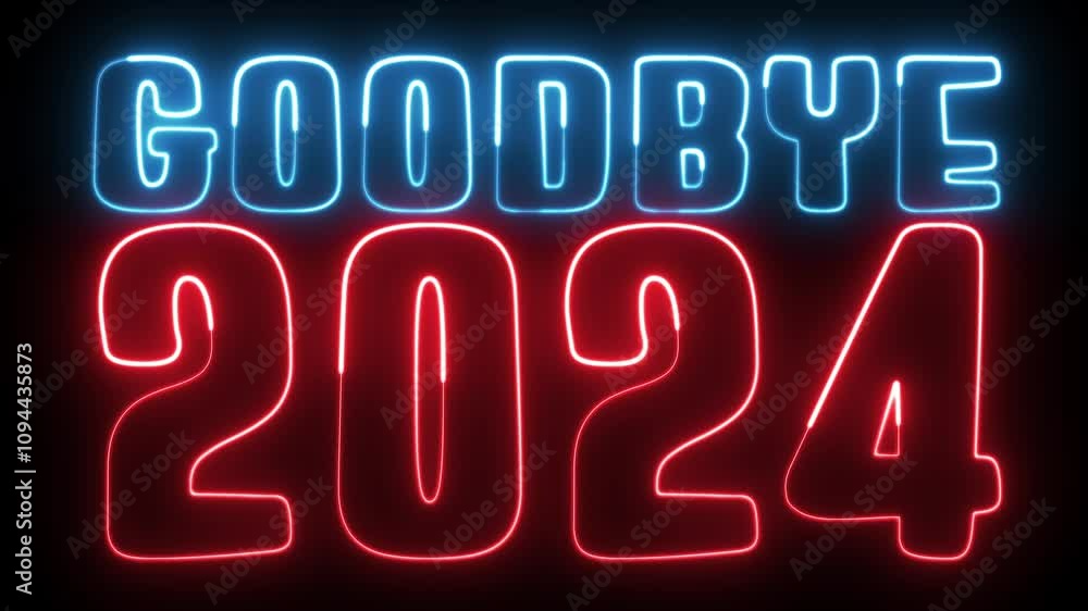 Poster goodbye 2024 neon sign. goodbye 2024 text font with light. luminous and shimmering haze inside the l