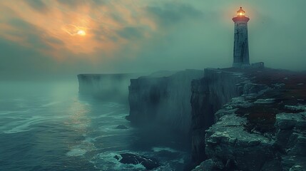 Fototapeta premium Coastal cliffs with a lighthouse at dusk