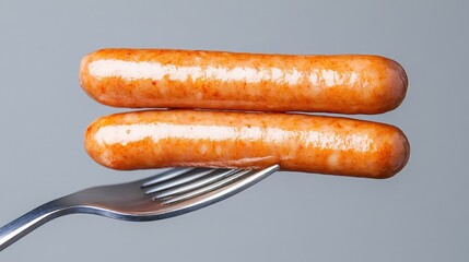 Sizzling sausages perfectly skewered on a dinner fork ready to tempt taste buds in a studio setting