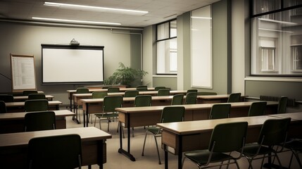 Contemporary university classroom devoid of students and faculty, ready for learning engagement