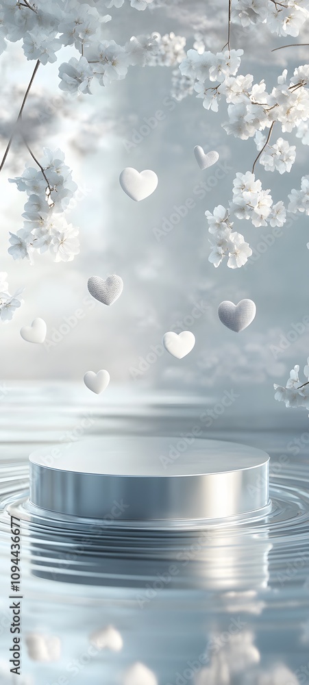 Poster a sleek silver podium with a reflective surface, set against a soft glowing backdrop of floating hea