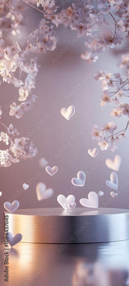 Poster a sleek silver podium with a reflective surface, set against a soft glowing backdrop of floating hea