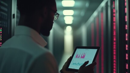 Engineer in the server room controls the operation of electronics using a tablet application, displays temperature graphs