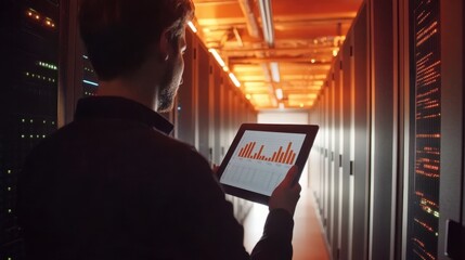 Engineer in the server room controls the operation of electronics using a tablet application, displays temperature graphs