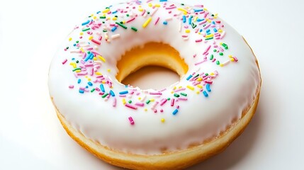A brightly colored white donut standing vertically. Front view, pure white background.